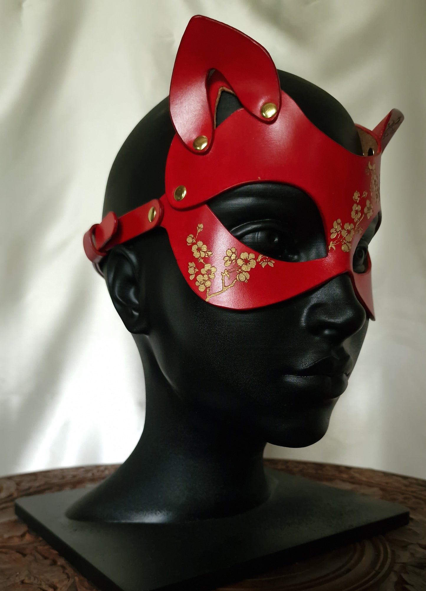 Cherry blossom feline mask. Handmade leather luxury.