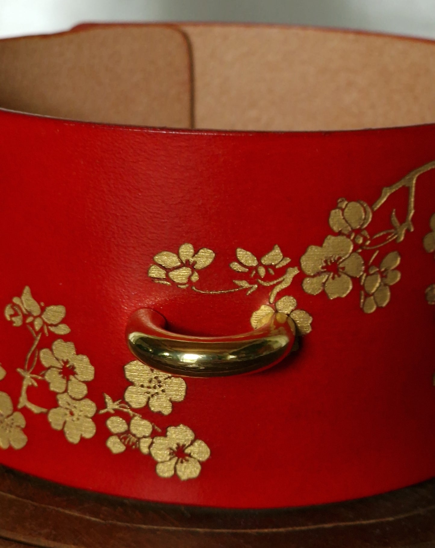 Red sakura blossom leather choker, statement piece. Geisha fetish bdsm roleplay.