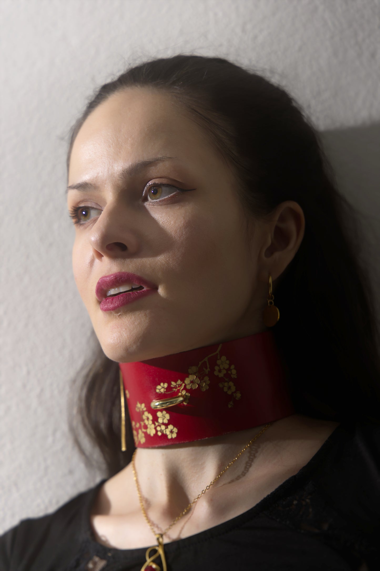 Wide BDSM collar in veg-tanned, hand-dyed leather, silver or gold hardware.