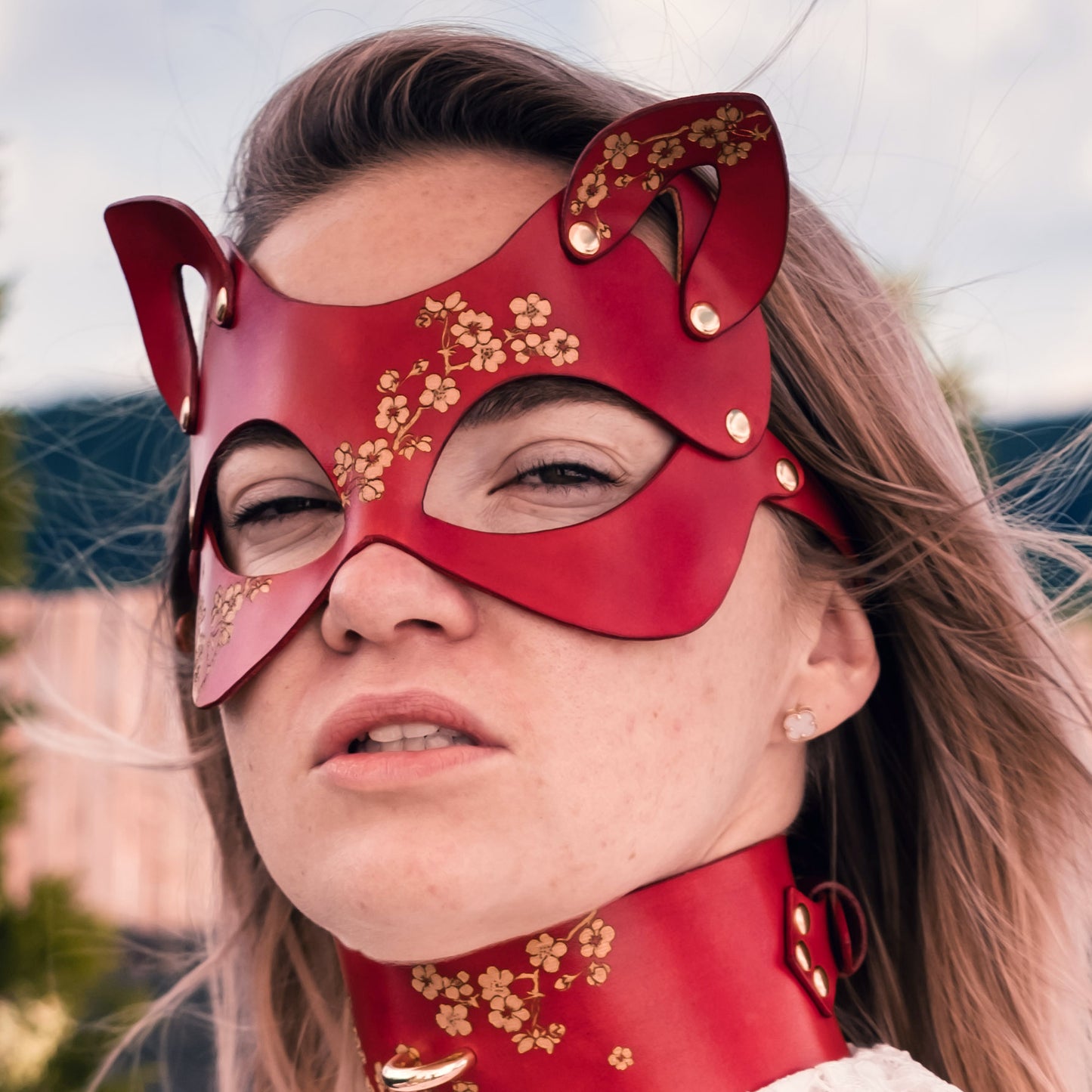 Pet play feline mask in cherry blossom motif, silver or gold fittings.