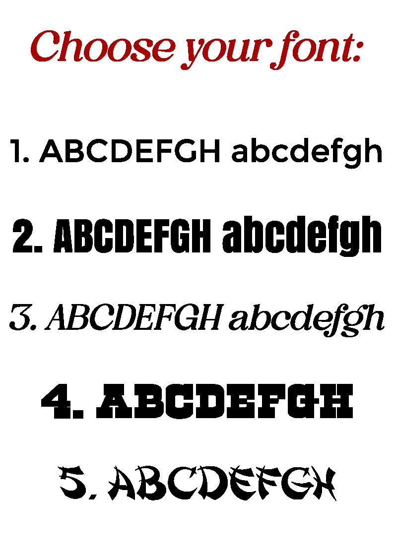 Preview of font styles available for engraving on custom leather choker