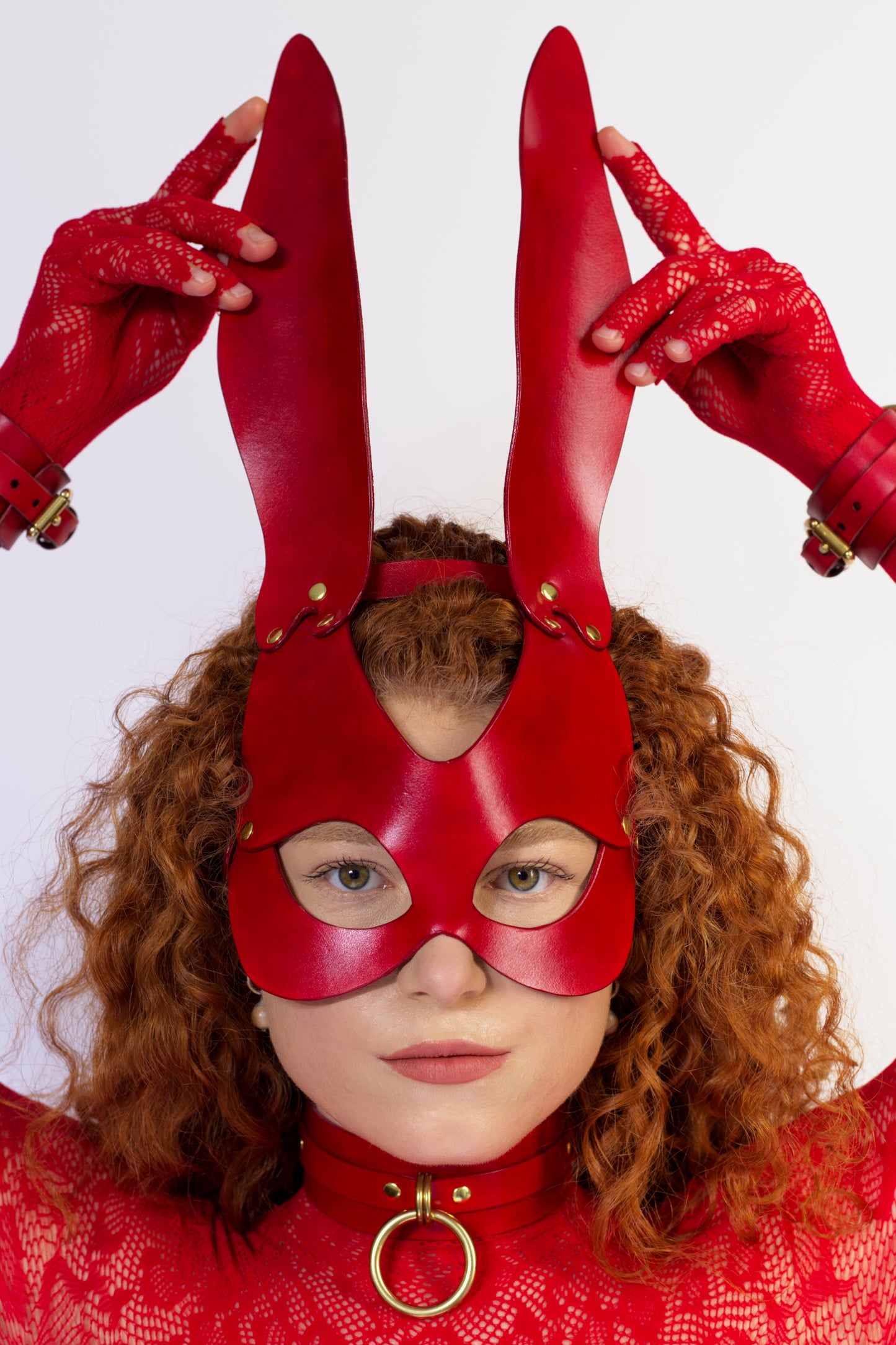 Red bunny fetish mask, silver or gold hardware.