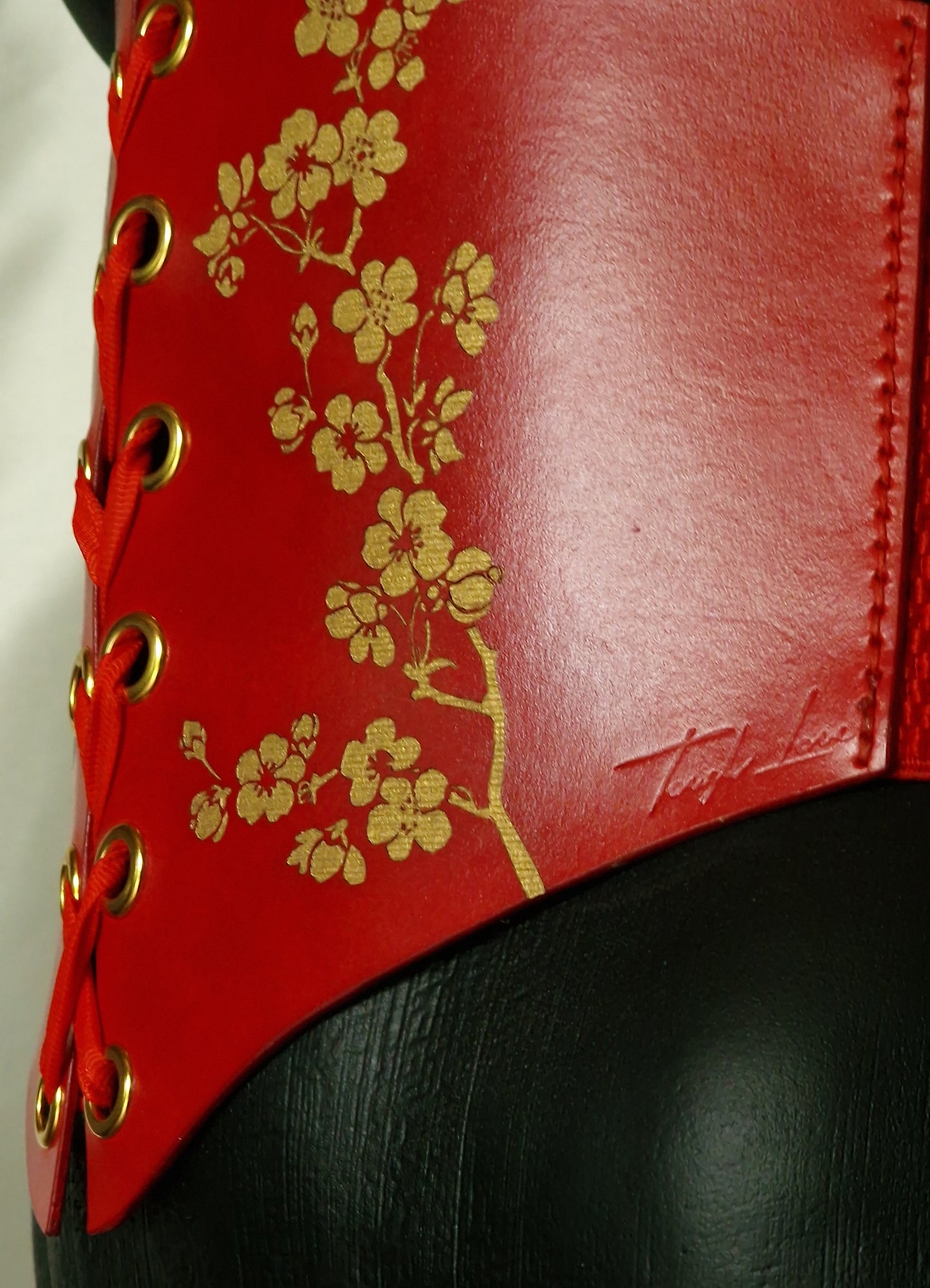 Handmade leather sakura set from mask to cuffs.