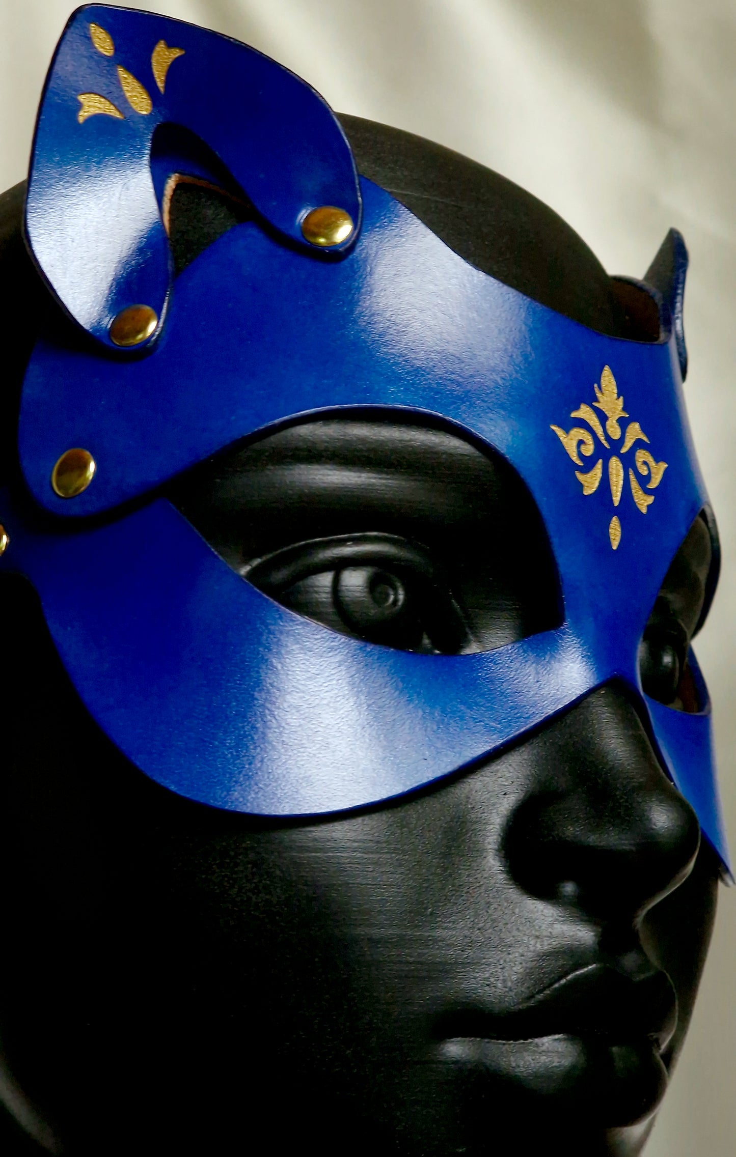 Macro of engravings on royal cat mask in leather.