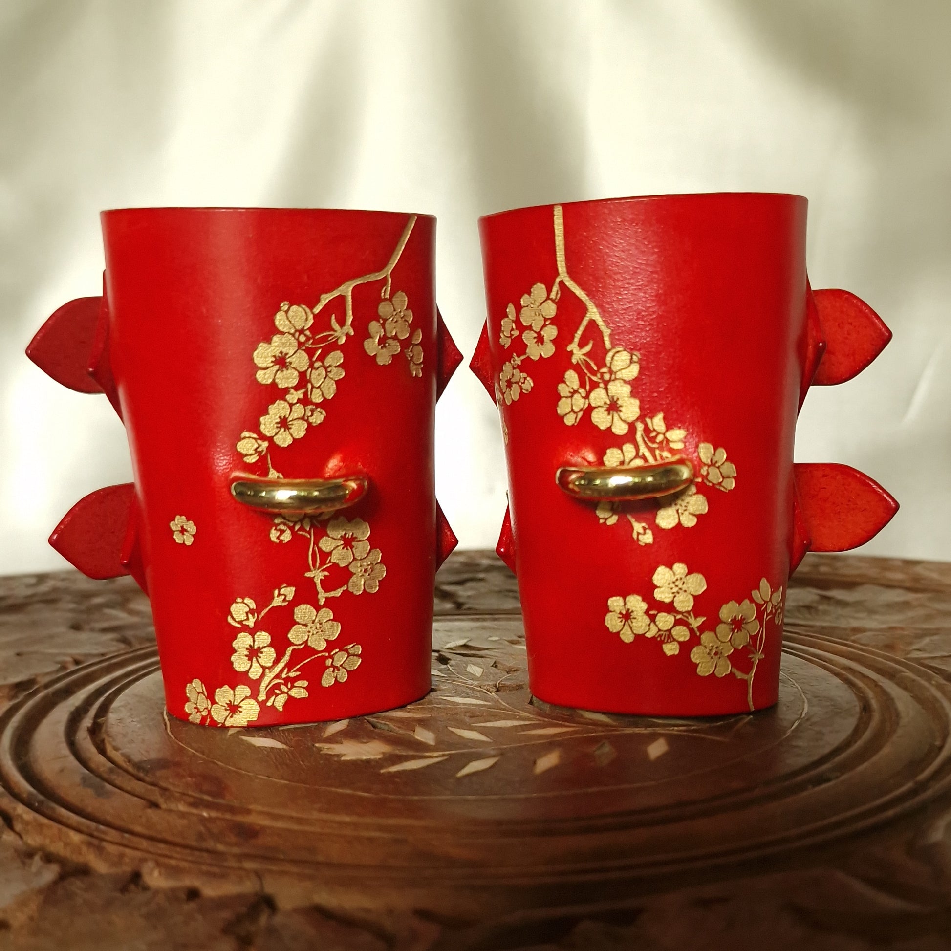 Hand-dyed veg-tanned handcuffs for BDSM restraint, gold or silver hardware. Gold or silver flowers. Geisha BDSM.