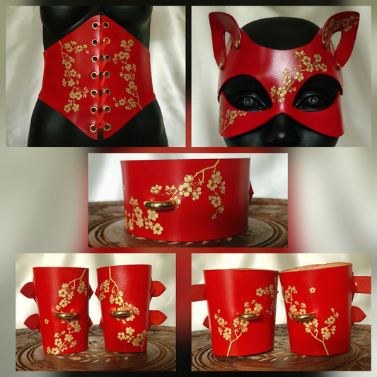 Sakura full body leather set—mask, corset, choker, wrist & ankle cuffs.