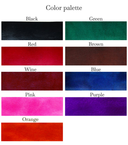 Custom bdsm bondage restraints with Color palette of green, red, brown, blue, pink, purple, orange, wine, pinot noir, and black.