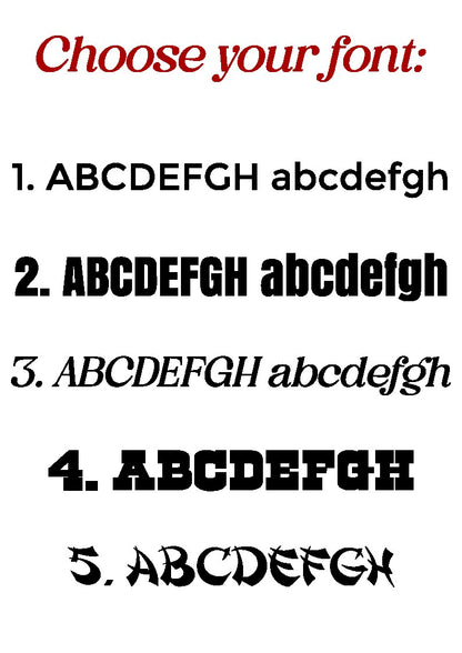 Preview of font styles available for engraving on custom leather choker