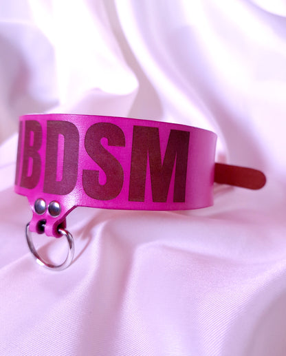 Side view of handcrafted pink leather DNBDSM Matia B-Complex merch choker