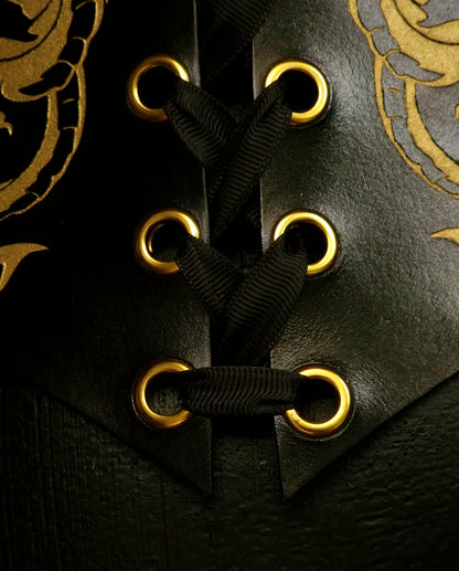 Hand-stitched BDSM leather corset with durable front lacing and gold hardware