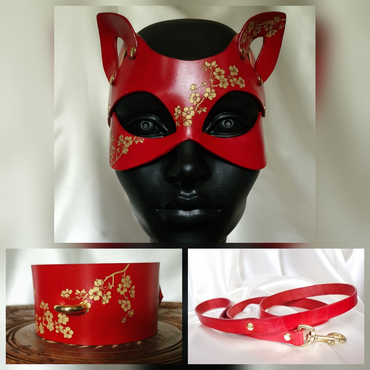 Kitten play trio in veg-tanned leather with engraved sakura collar.