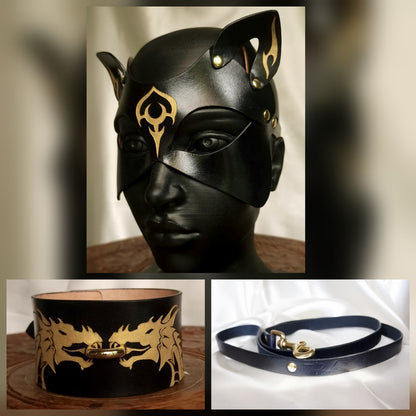 BDSM kitty play, leather catmask, collar and leash.