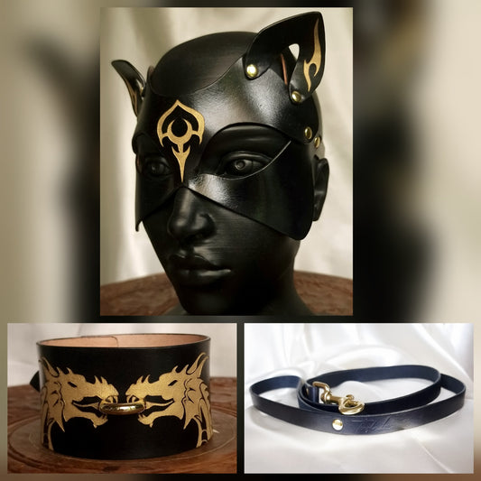 BDSM kitty play, leather catmask, collar and leash.