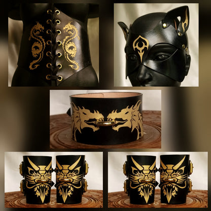 Luxury dragon BDSM outfit in handmade veg-tanned leather.