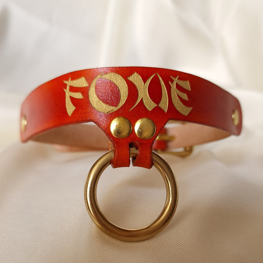 Front view of personalized handmade leather nickname choker with custom inscription